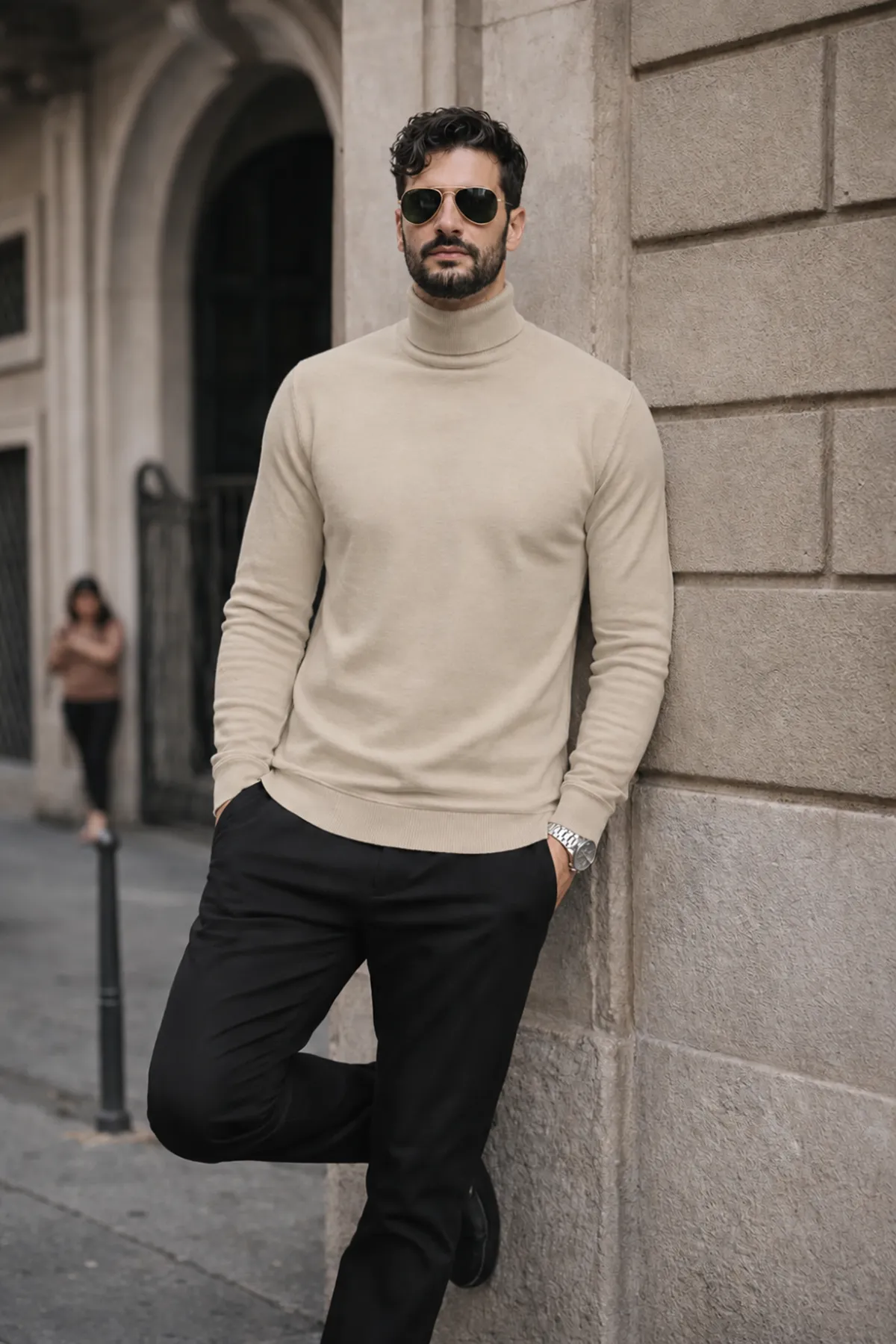 Erkek Kışlık Basic Slim Fit Uzun Krem Kazak