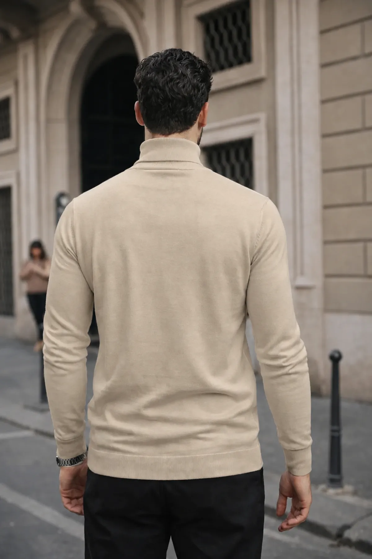 Erkek Kışlık Basic Slim Fit Uzun Krem Kazak
