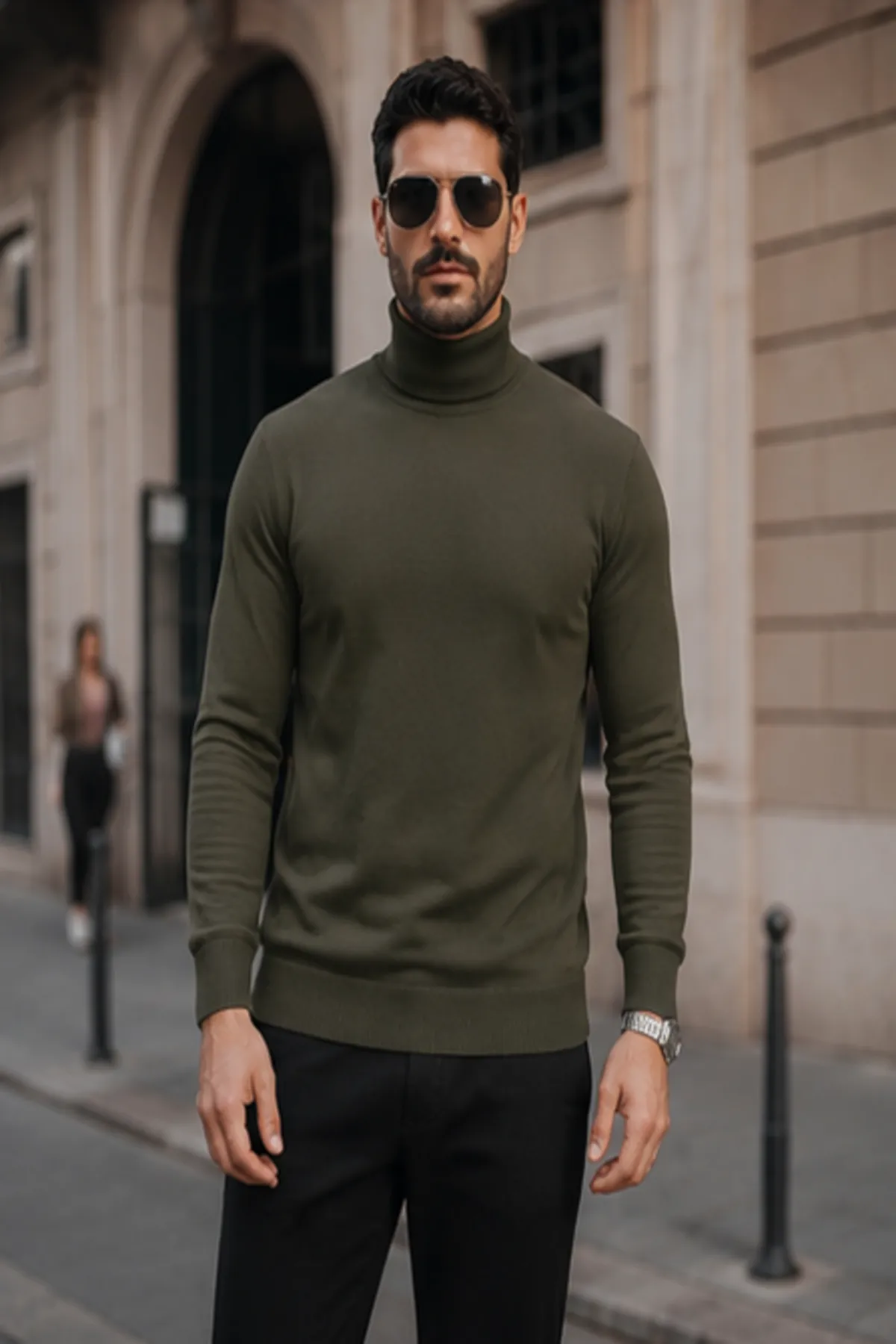Erkek Kışlık Basic Slim Fit Uzun Haki Kazak