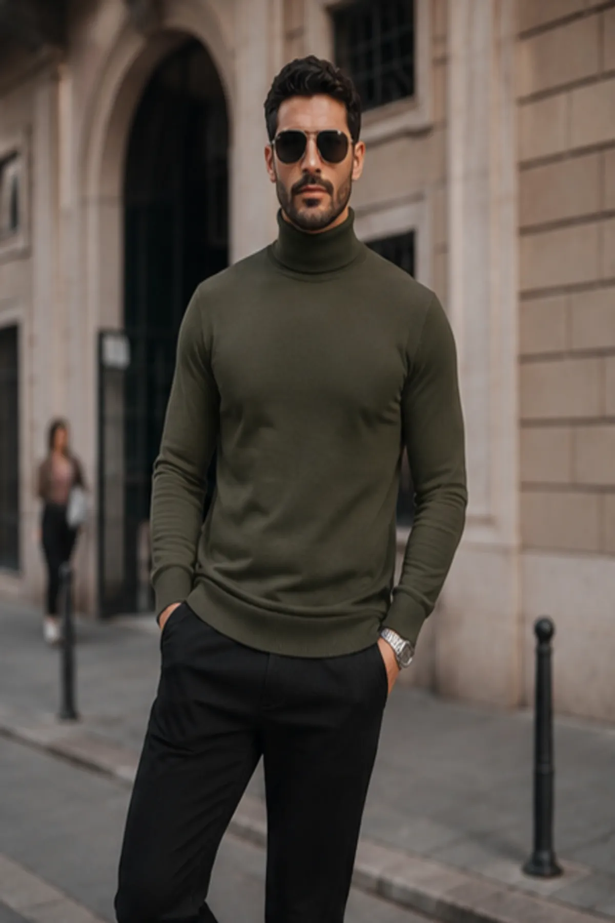Erkek Kışlık Basic Slim Fit Uzun Haki Kazak