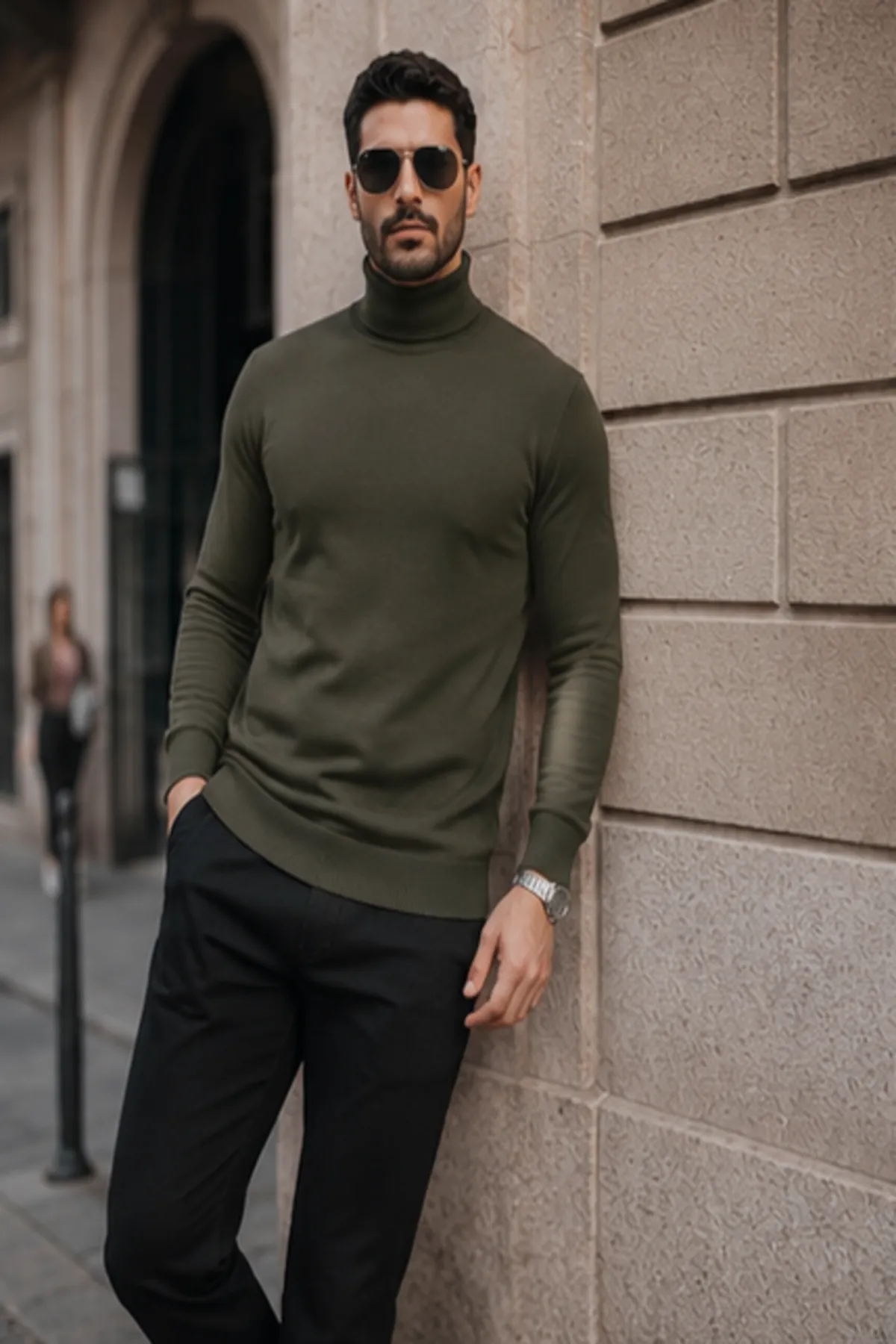 Erkek Kışlık Basic Slim Fit Uzun Haki Kazak