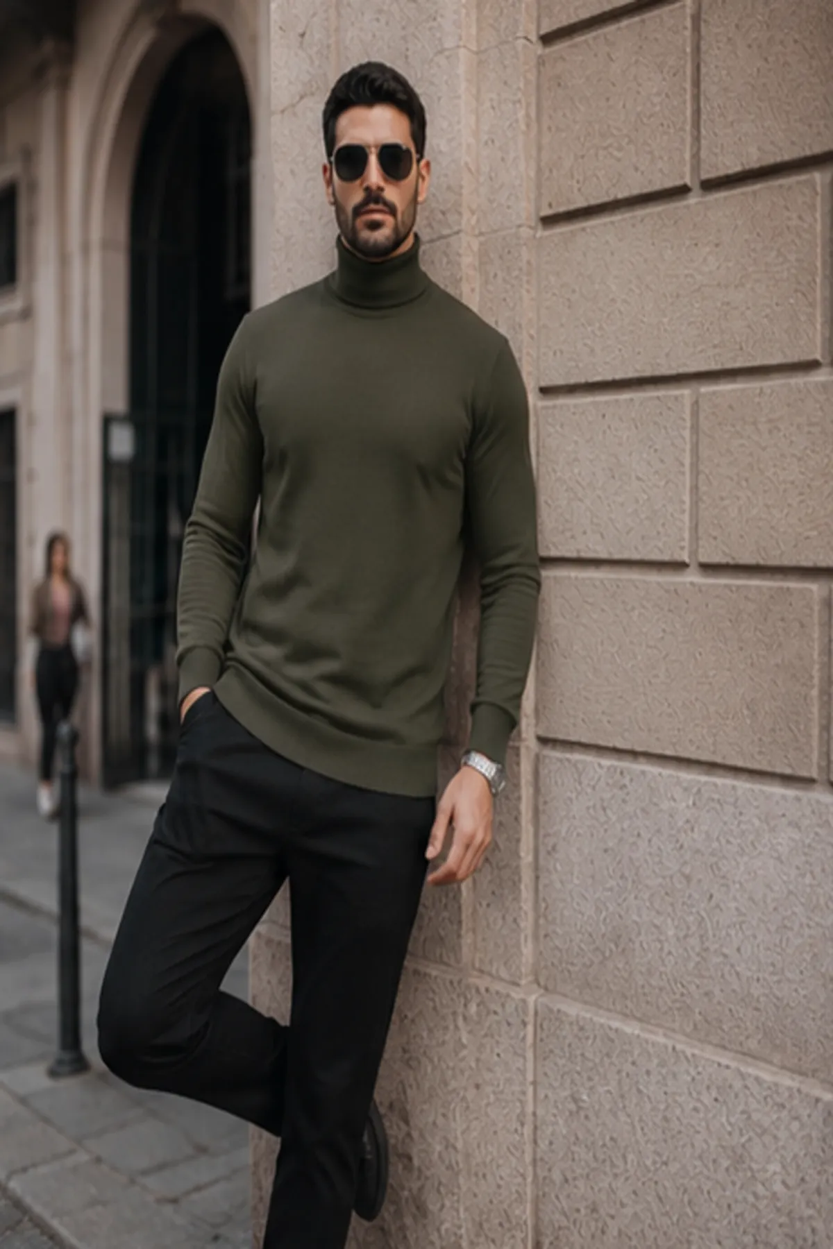 Erkek Kışlık Basic Slim Fit Uzun Haki Kazak