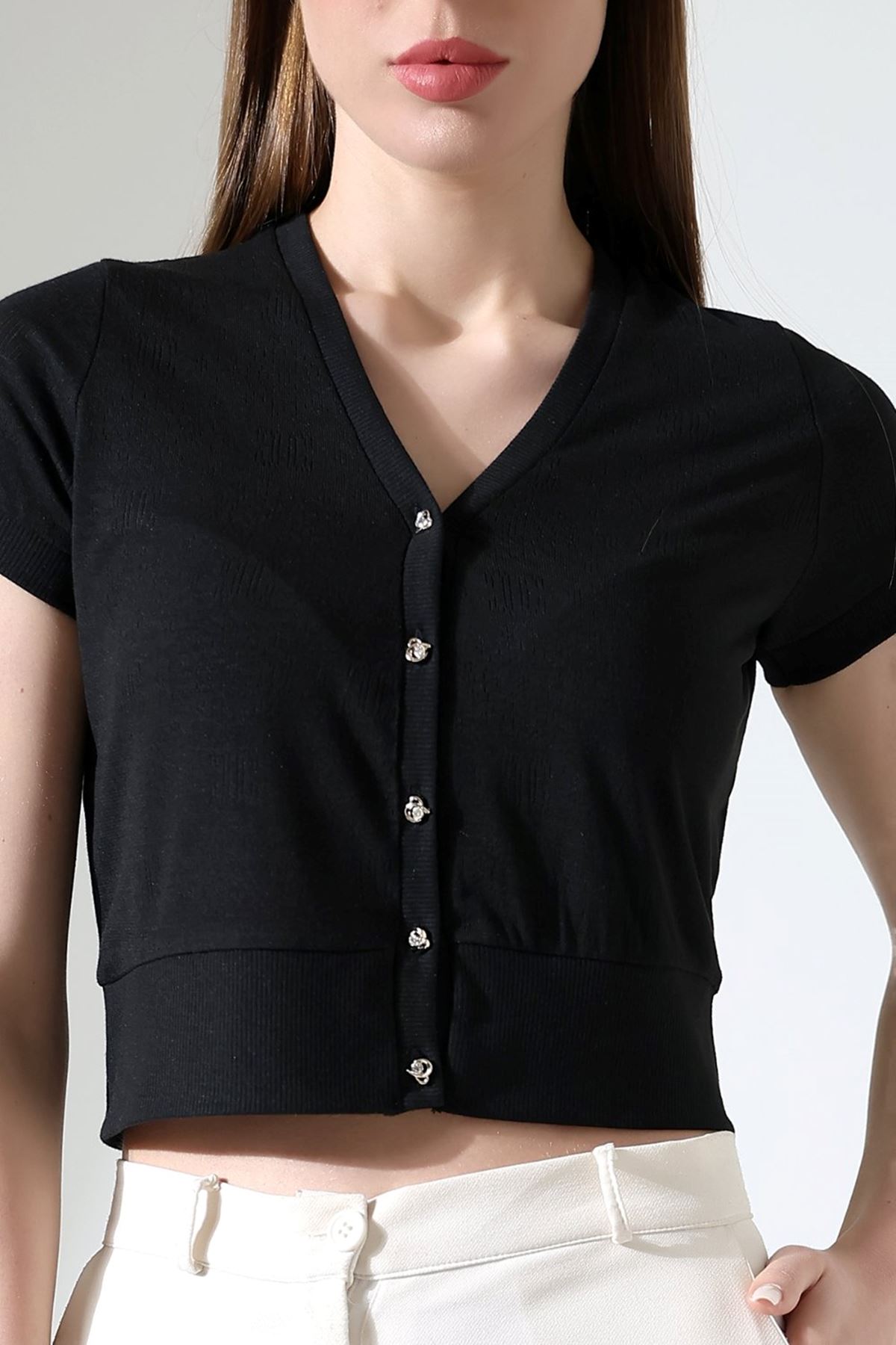 Kadın V Yaka Düğmeli Kısa Kol Siyah Crop Bluz