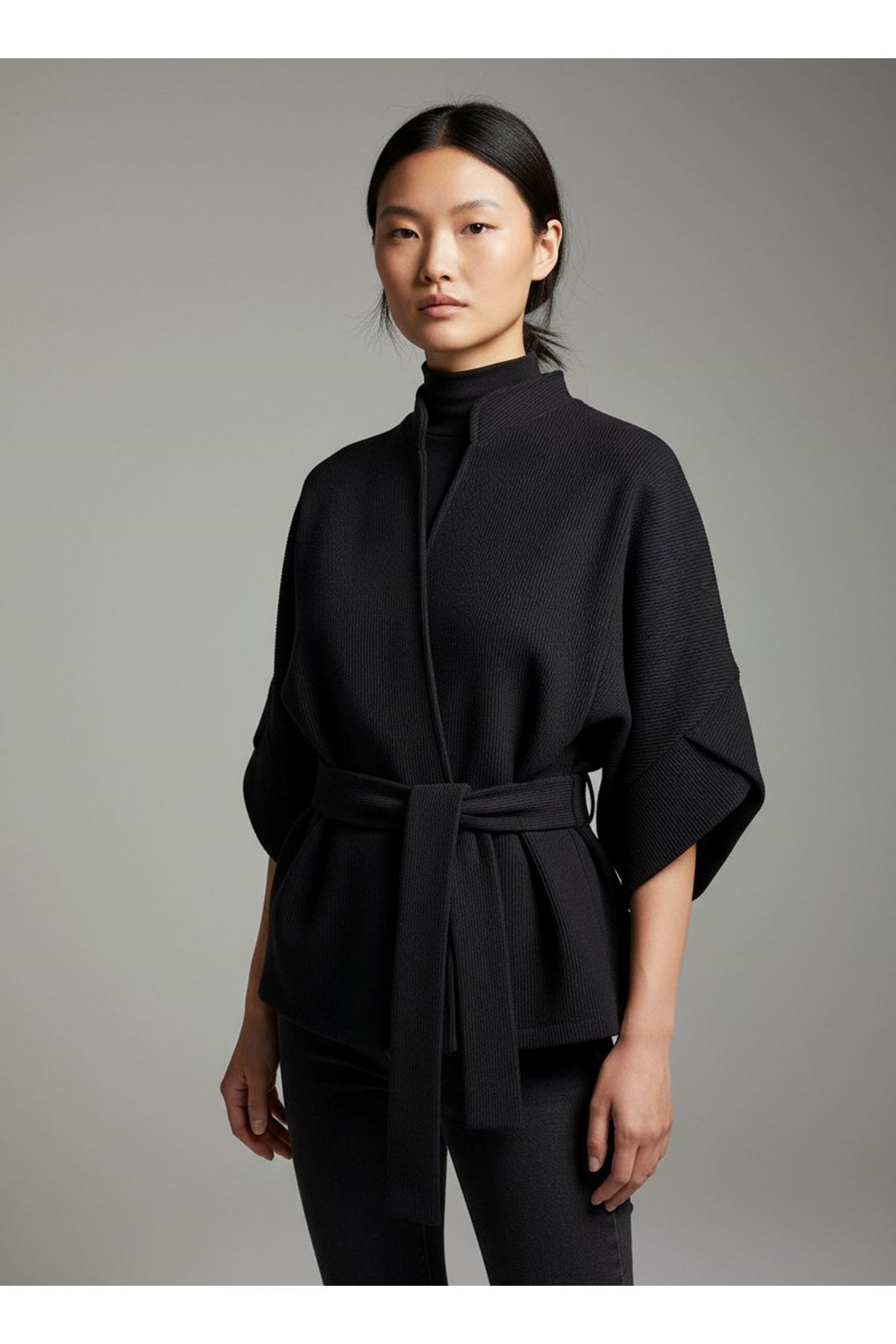 Kadın Trend Beli Bağlamalı Siyah Kimono Hırka