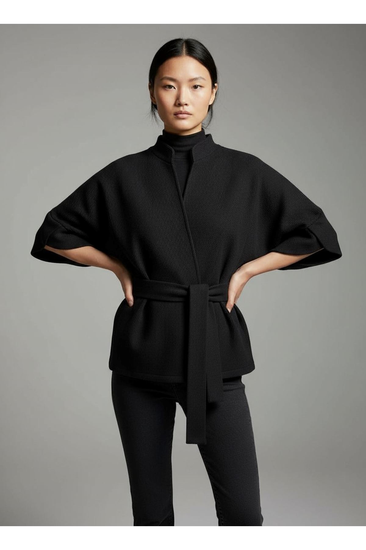 Kadın Trend Beli Bağlamalı Siyah Kimono Hırka