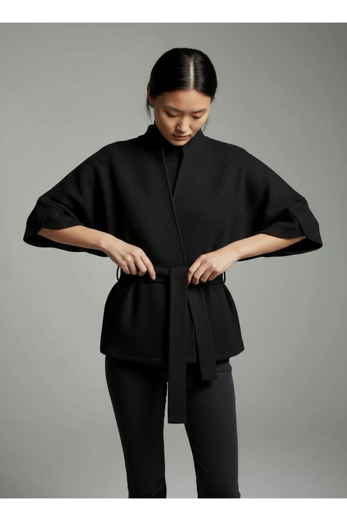 Kadın Trend Beli Bağlamalı Siyah Kimono Hırka