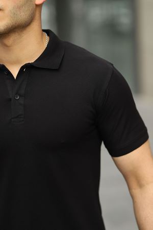 Erkek Kıvrılmaz Polo Yaka Cepsiz Slim Fit Dar Kesim Düz T-Shirt SİYAH