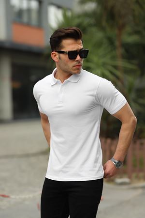 Erkek Kıvrılmaz Polo Yaka Cepsiz Slim Fit Dar Kesim Düz T-Shirt BEYAZ