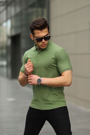 Erkek Kıvrılmaz Polo Yaka Cepsiz Slim Fit Dar Kesim Düz T-Shirt HAKİ