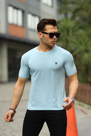 Erkek H Nakış Desenli Oversize Tshirt BEBE MAVİ