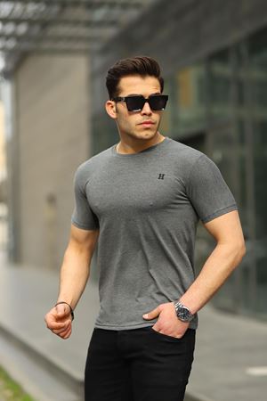 Erkek H Nakış Desenli Oversize Tshirt FÜME