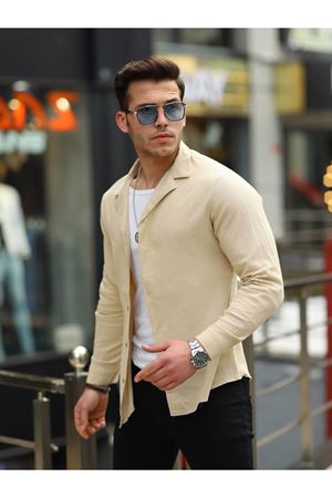Erkek Şal Yaka Keten Gömlek BEJ