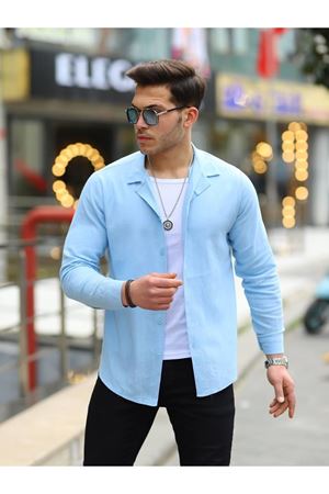 Erkek Şal Yaka Keten Gömlek BEBE MAVİ