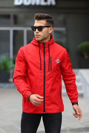 Erkek Içi Astarlı Suya Dayanıklı Kapüşonlu Cepli Yağmurluk KIRMIZI
