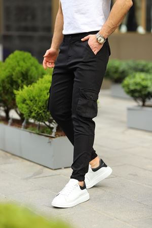 ERKEK BEL KEMERLİ KÖRÜKLÜ JOGGER PAÇA LASTİKLİ PANTOLON SİYAH