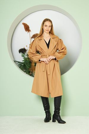 Kadın Belden Bağlamalı Balon Kol Trenç  Taba