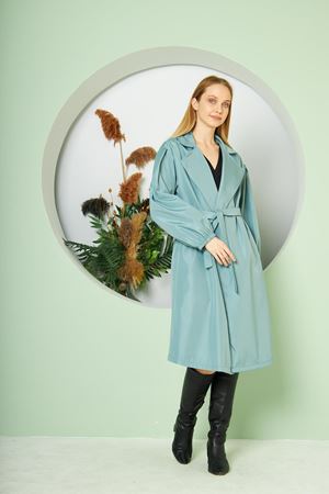 Kadın Belden Bağlamalı Balon Kol Trenç  MAVİ TİNT