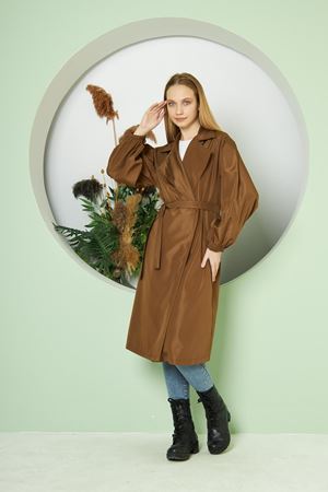 Kadın Belden Bağlamalı Balon Kol Trenç  KAHVE