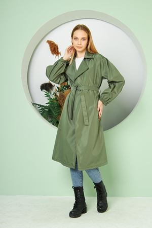 Kadın Belden Bağlamalı Balon Kol Trenç  HAKİ