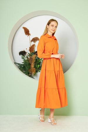 Kadın Katlı Gömlek Yaka Elbise Turuncu