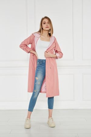 Kadın Beli Büzgülü Su İtici Kapüşonlu Trençkot PEMBE