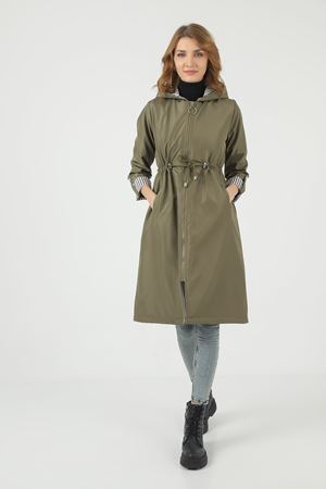 Kadın Beli Büzgülü Su İtici Kapüşonlu Trençkot HAKİ