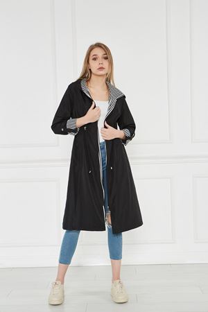 Kadın Beli Büzgülü Su İtici Kapüşonlu Trençkot SİYAH