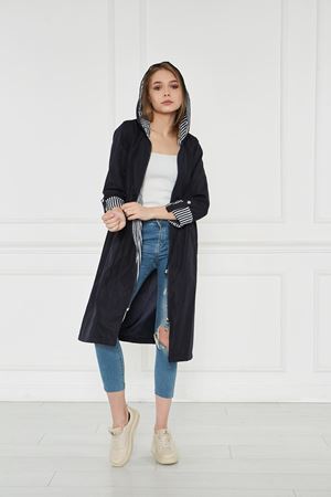 Kadın Beli Büzgülü Su İtici Kapüşonlu Trençkot LACİVERT