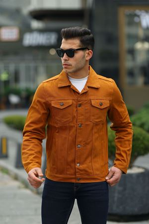 Erkek A Kalite Slim Fit Denim Kot Ceket Oranj