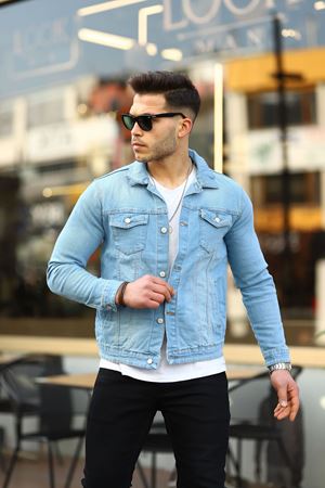 Erkek A Kalite Slim Fit Denim Kot Ceket BUZ MAVİ