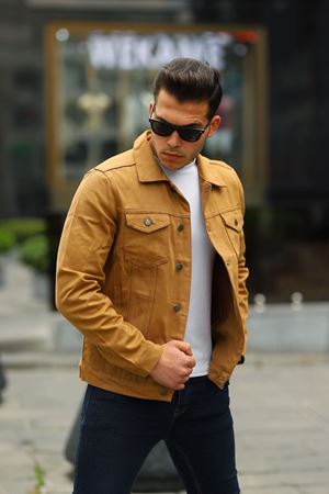 Erkek A Kalite Slim Fit Denim Kot Ceket Taba