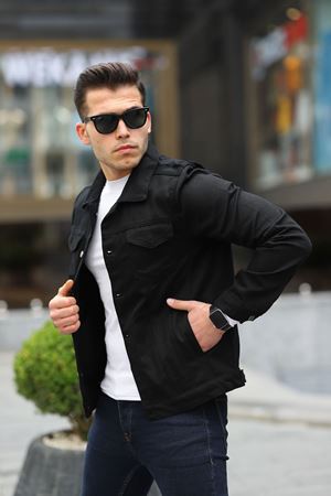 Erkek A Kalite Slim Fit Denim Kot Ceket SİYAH