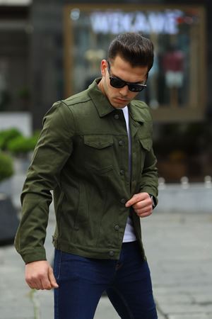 Erkek A Kalite Slim Fit Denim Kot Ceket HAKİ