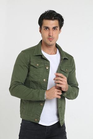 Erkek A Kalite Slim Fit Denim Kot Ceket AÇIK HAKİ