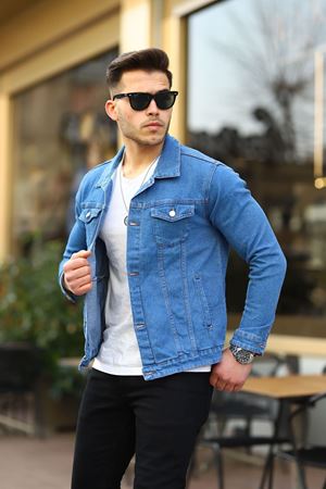 Erkek A Kalite Slim Fit Denim Kot Ceket MAVİ