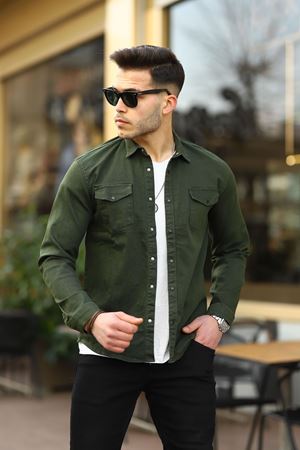 Erkek Slım ( Rahat Kalıp ) Kot Gömlek  HAKİ