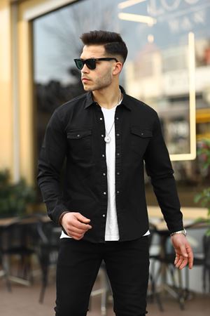 Erkek Slım ( Rahat Kalıp ) Kot Gömlek  SİYAH