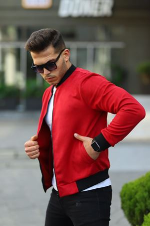 Erkek Dar Kesim Nubuk Süet Astarsız Likralı Su Itici Kolej Ceket KIRMIZI