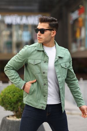 Erkek A Kalite Slim Fit Denim Kot Ceket SU YEŞİLİ