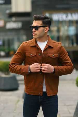 Erkek A Kalite Slim Fit Denim Kot Ceket KAHVE