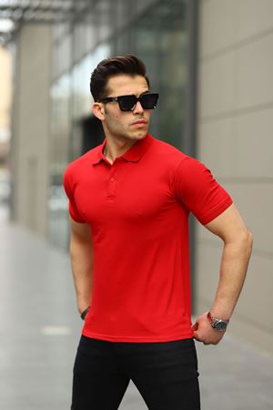 Erkek Kıvrılmaz Polo Yaka Cepsiz Slim Fit Dar Kesim Düz T-Shirt KIRMIZI