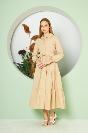 Kadın Katlı Gömlek Yaka Elbise KREM