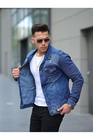 Erkek A Kalite Slim Fit Denim Kot Ceket LACİVERT TİNT