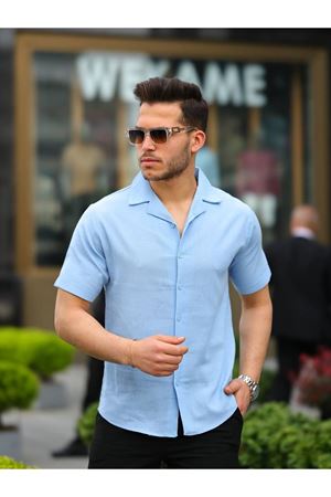 Erkek Keten Kumaş Kısa Kollu Şal Yaka Gömlek BEBE MAVİ
