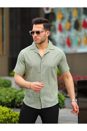 Erkek Keten Kumaş Kısa Kollu Şal Yaka Gömlek HAKİ