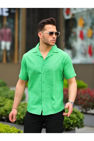 Erkek Keten Kumaş Kısa Kollu Şal Yaka Gömlek YEŞİL