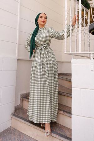 Kadın Kare Desenli Kol Büzgülü Elbise YEŞİL