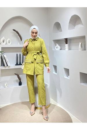 Kadın Jakarlı Bel Kuşaklı Cep Taşlı Alt Üst Takım FISTIK YEŞİLİ