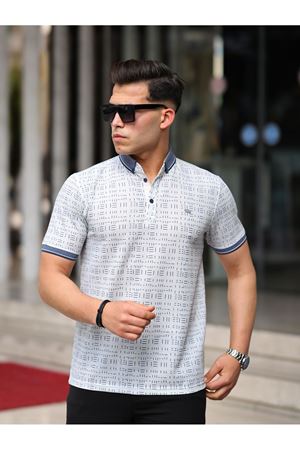 Erkek Kıvrılmaz Polo Yaka Cepsiz Slim Fit Desenli T-Shirt BEYAZ