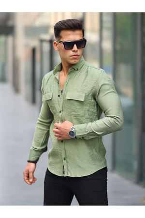 Erkek A Kalite Keten Slim Fit Uzun Kol Çift Kapaklı Gömlek HAKİ